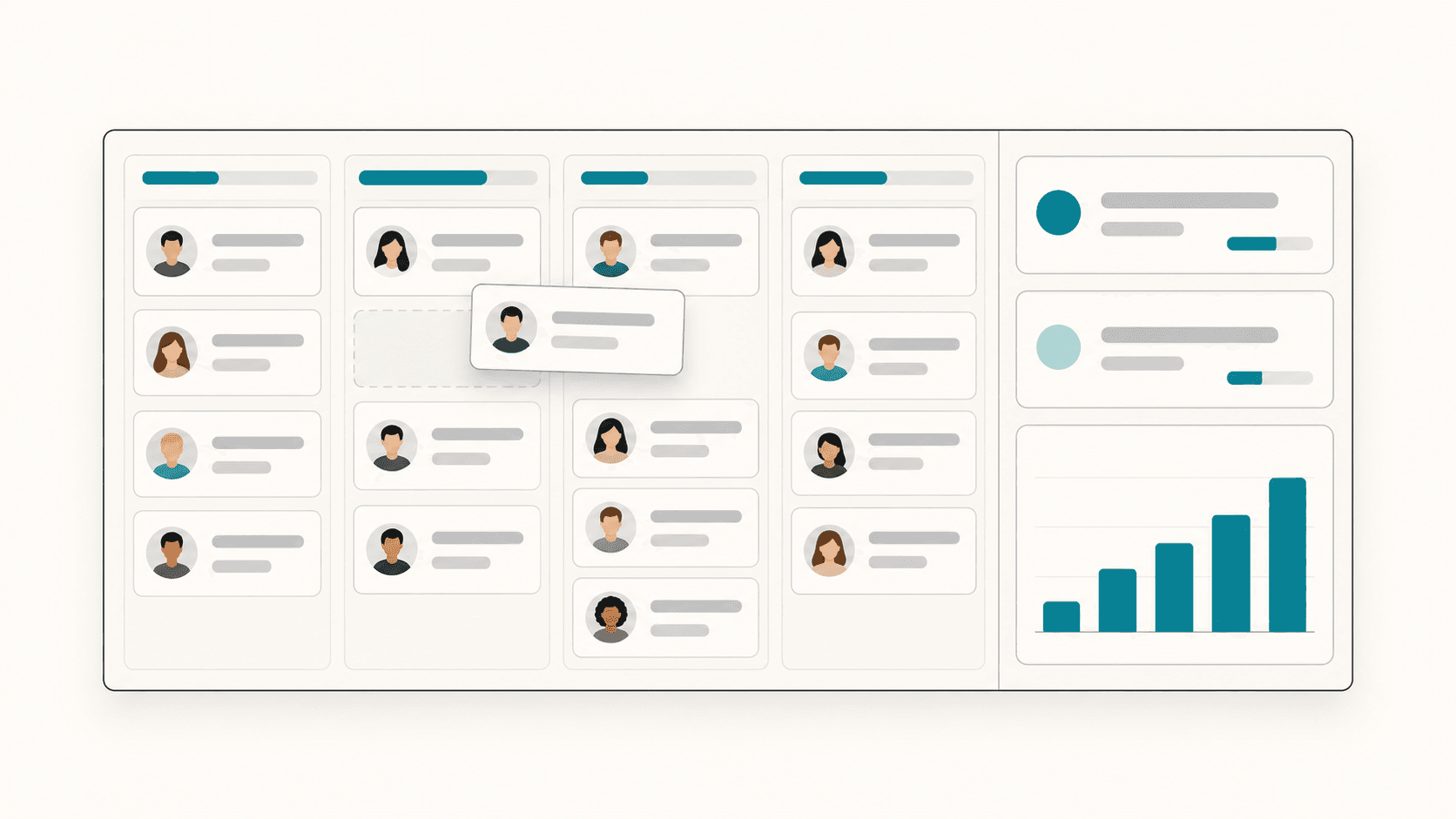 The generated CRM: a deal pipeline board with stage columns and summed values beside a dashboard.