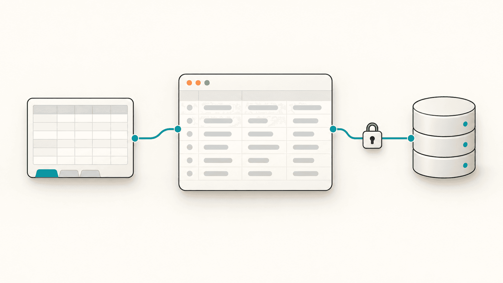 A web app connected to two storage options: a spreadsheet and a PostgreSQL database.