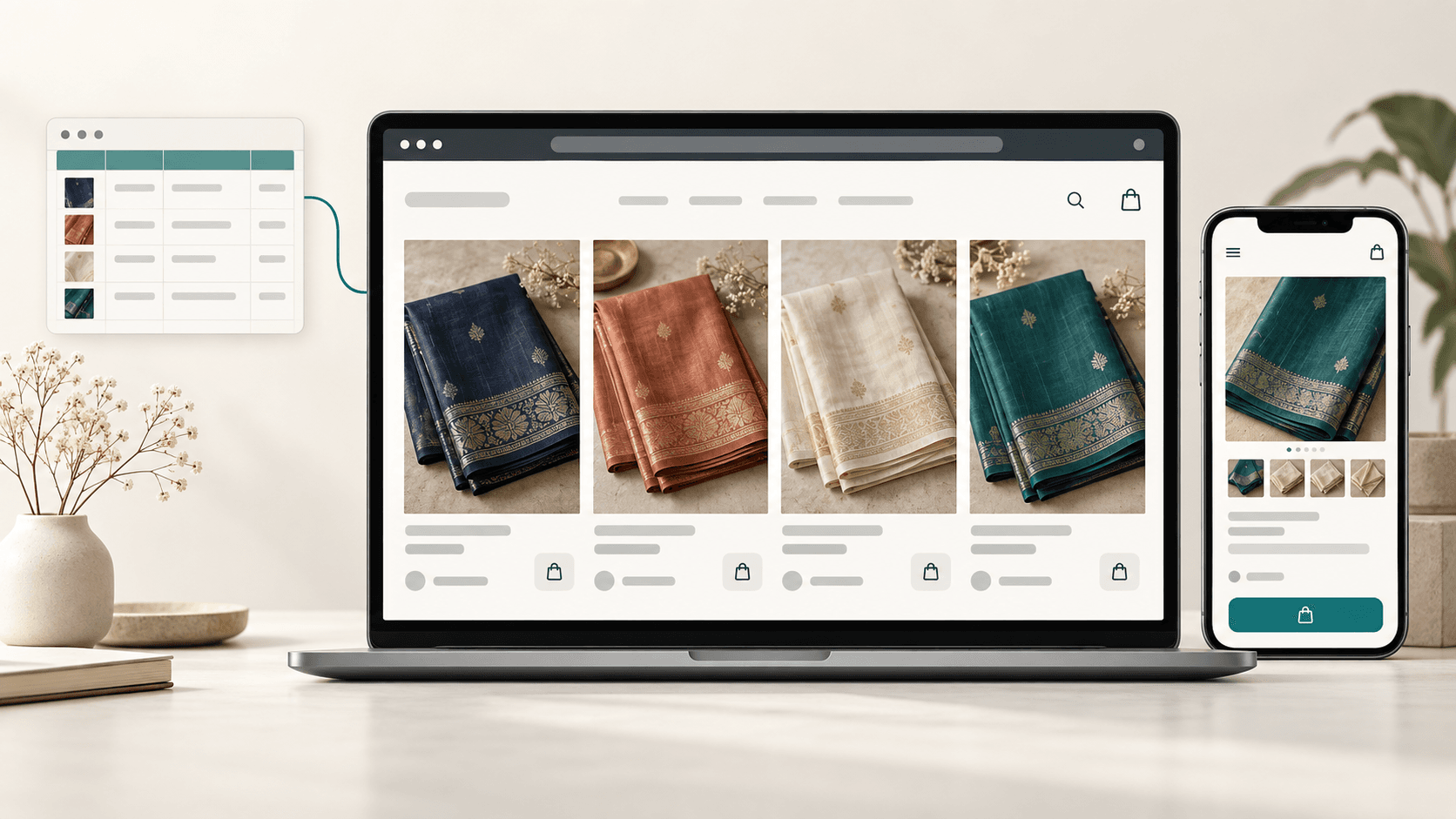 A saree storefront and mobile product page connected to a spreadsheet catalog.