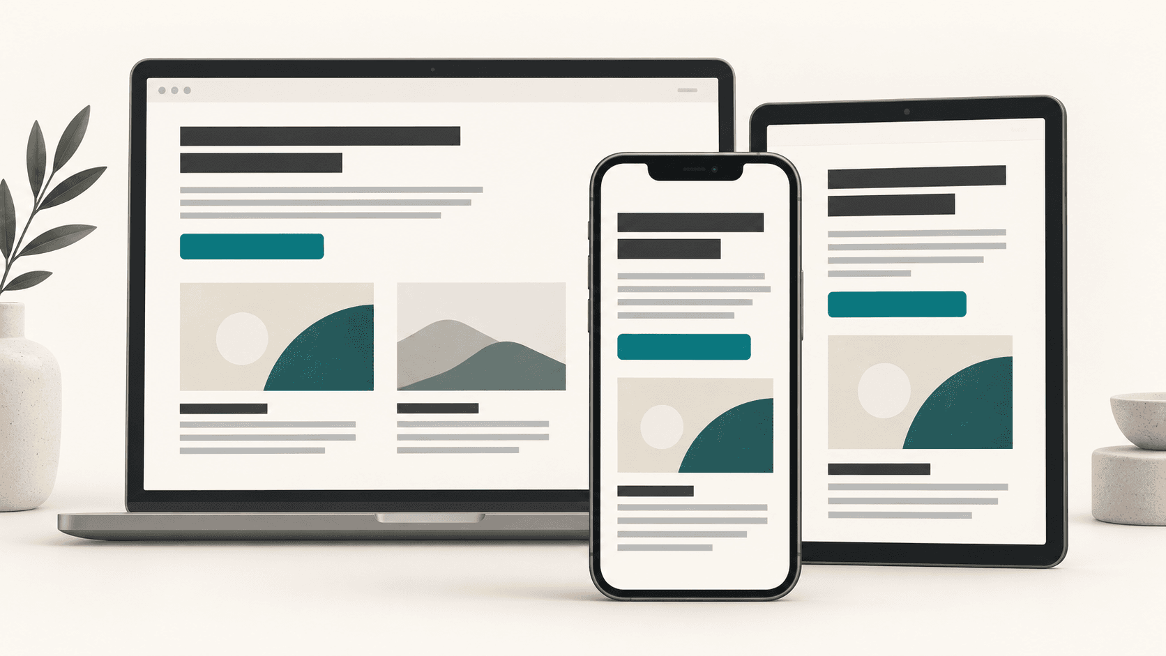 Desktop, tablet and phone layouts preserve a readable hierarchy as text and cards reflow.