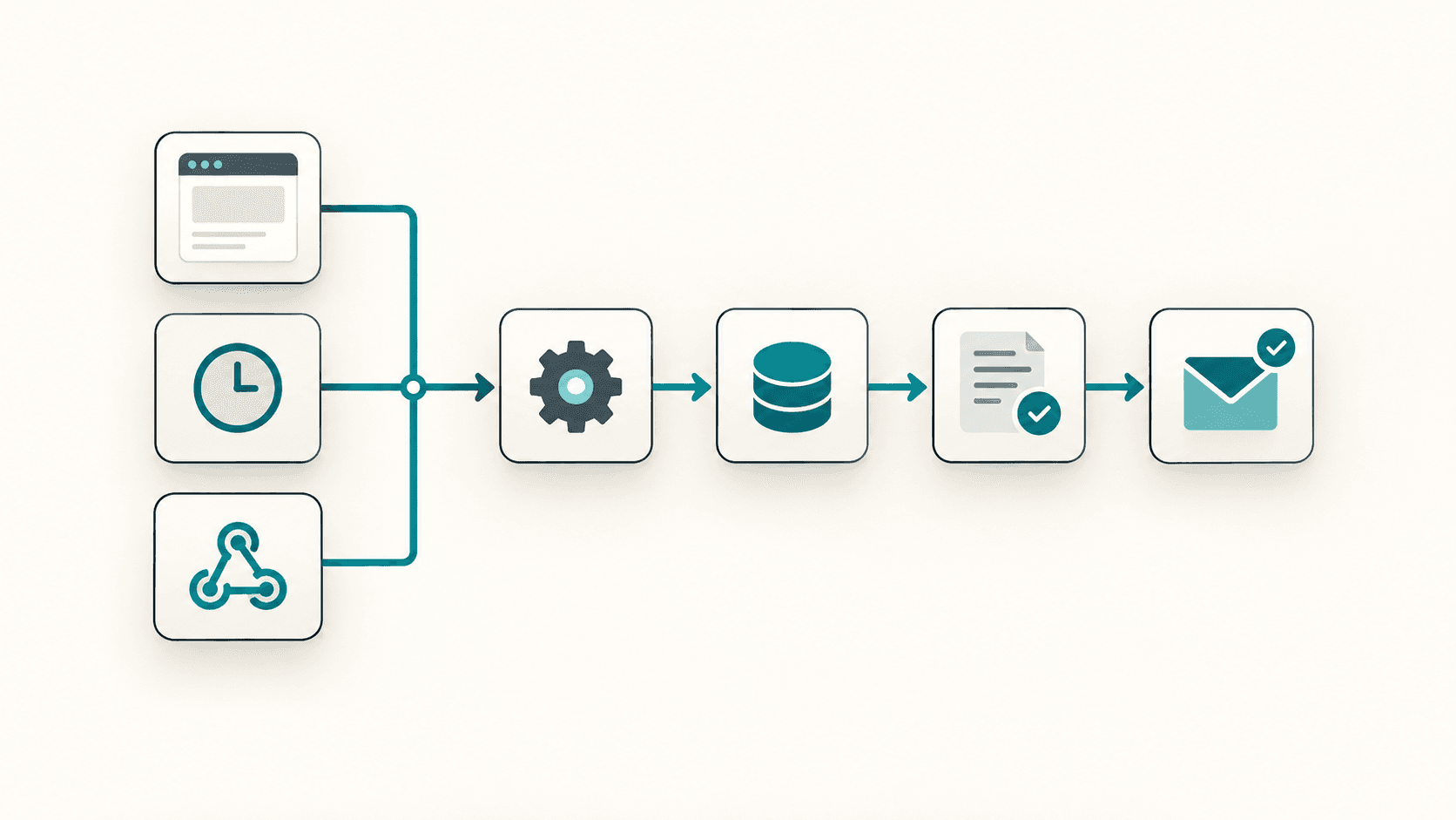 App, schedule and webhook triggers connected to processing, storage and email steps.