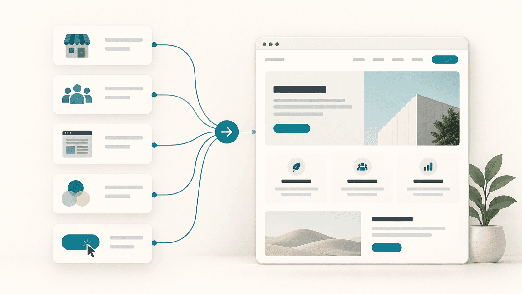 Five brief cards combining into a complete website design.