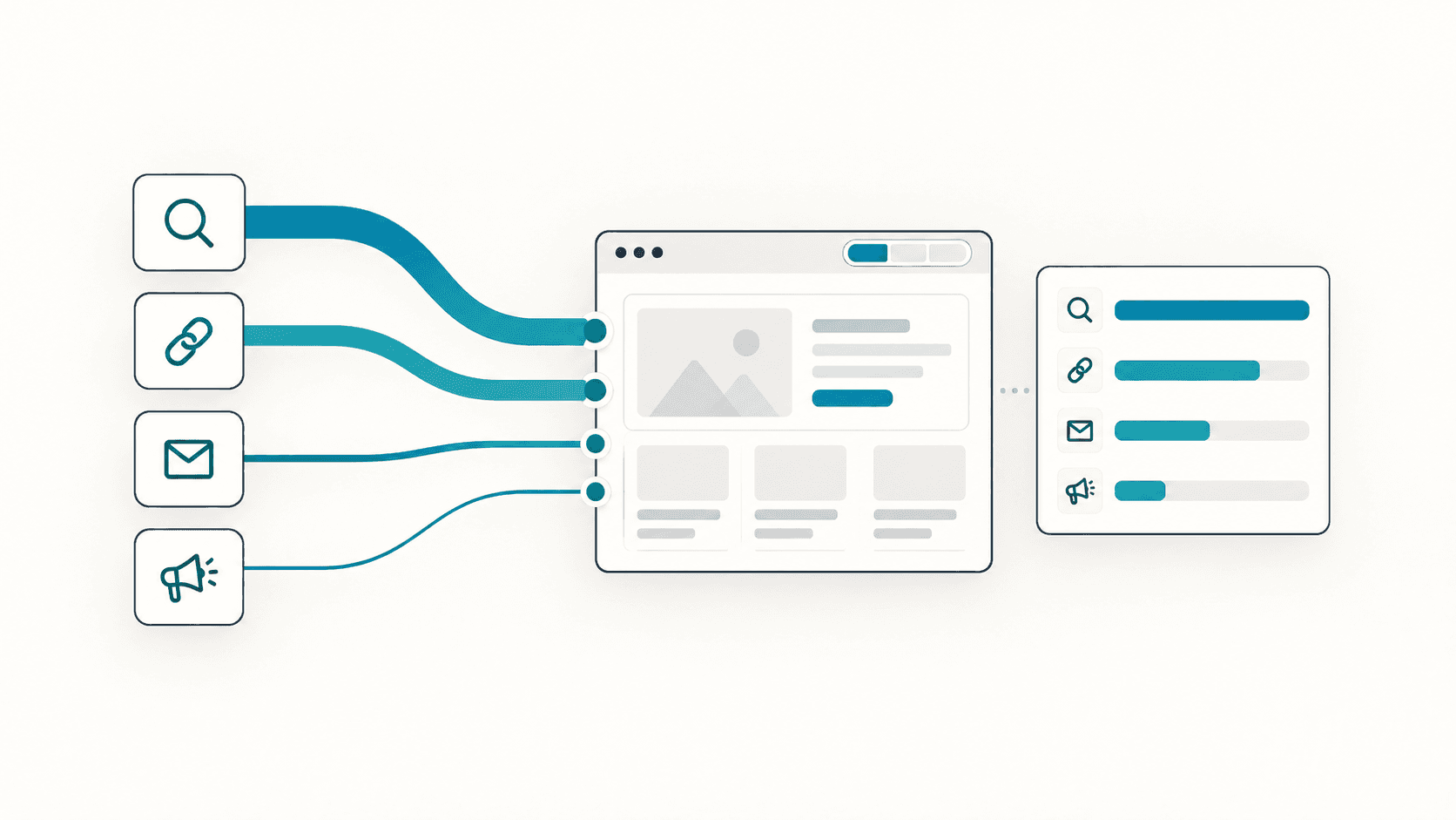 The Acquisition tab: referring sites and UTM campaigns, each with views and share of traffic.