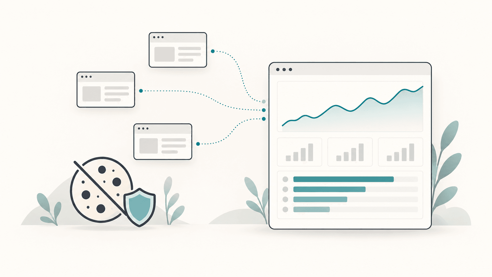 A clean analytics dashboard with a traffic chart, top pages and sources, beside a crossed-out cookie.