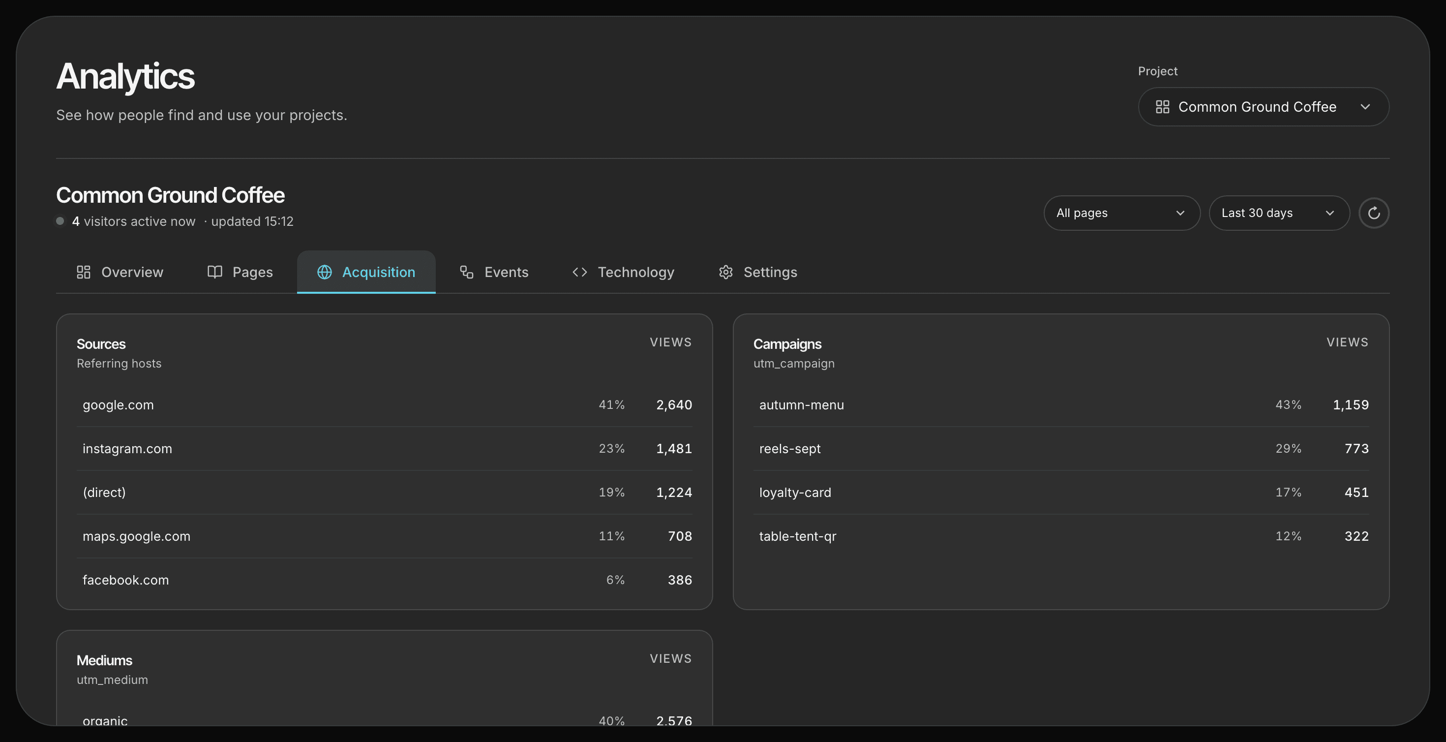 The Acquisition tab: referring hosts, UTM campaigns and mediums, each with views and share