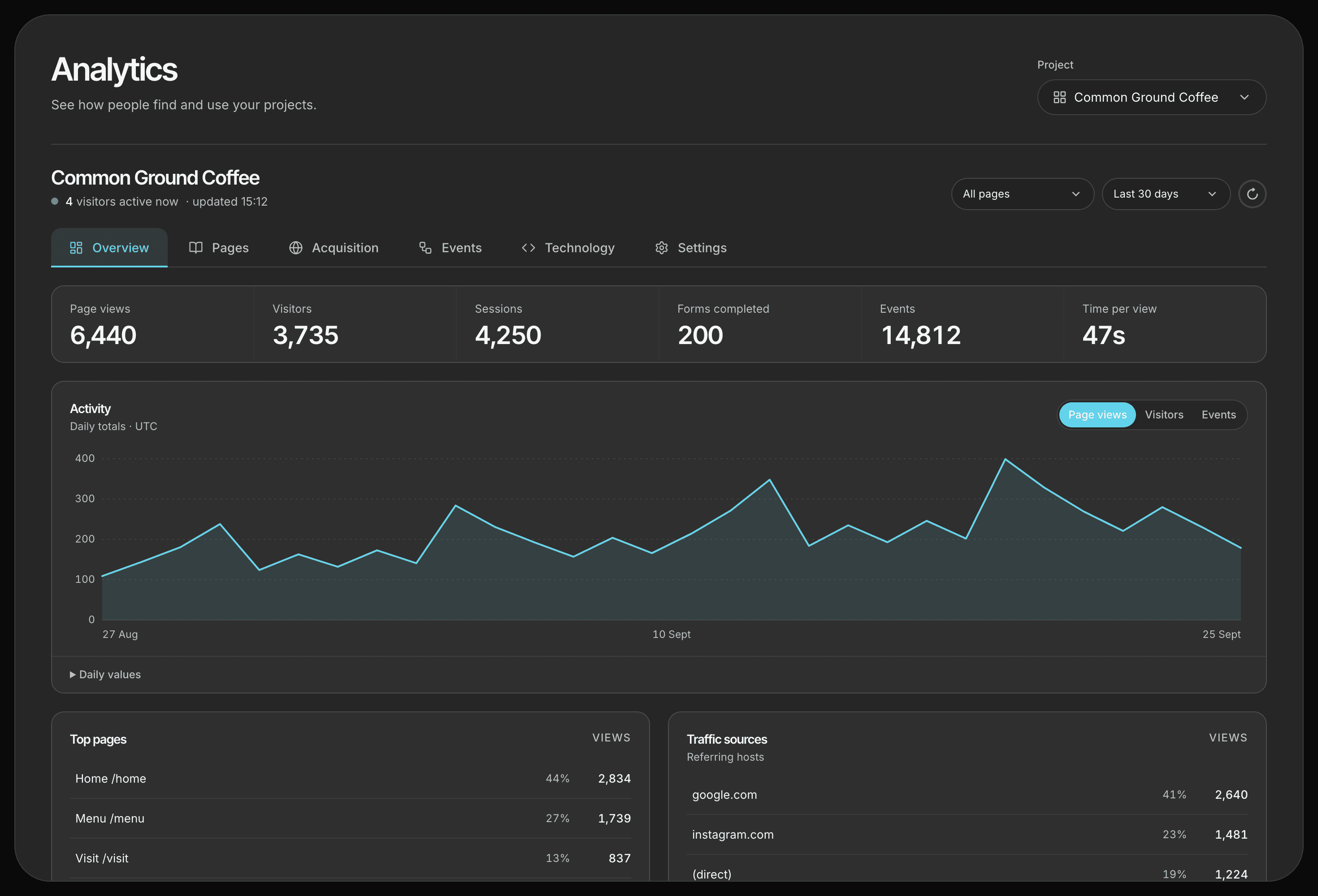 The Analytics page in the Raccog workspace: a project picker, six totals, a daily activity chart, and tables of top pages and traffic sources